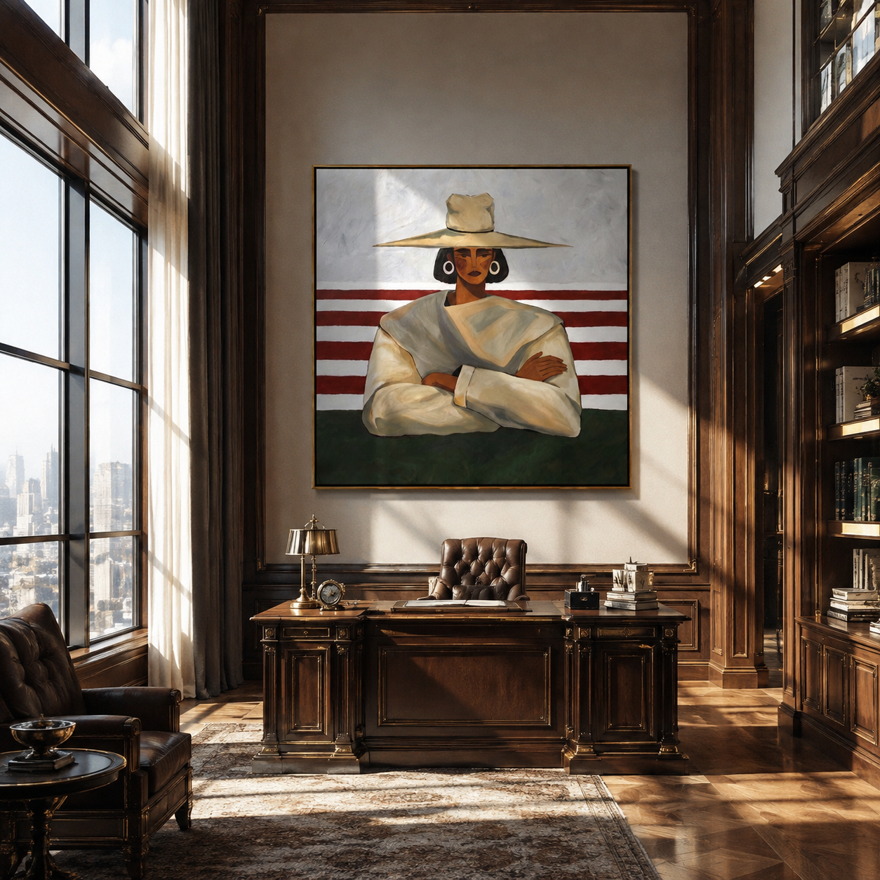 Red Stripes Meet Resolve - crossed arms hat figure by Marcus Lau, Retro Modern square wall art – styled room scene view 4