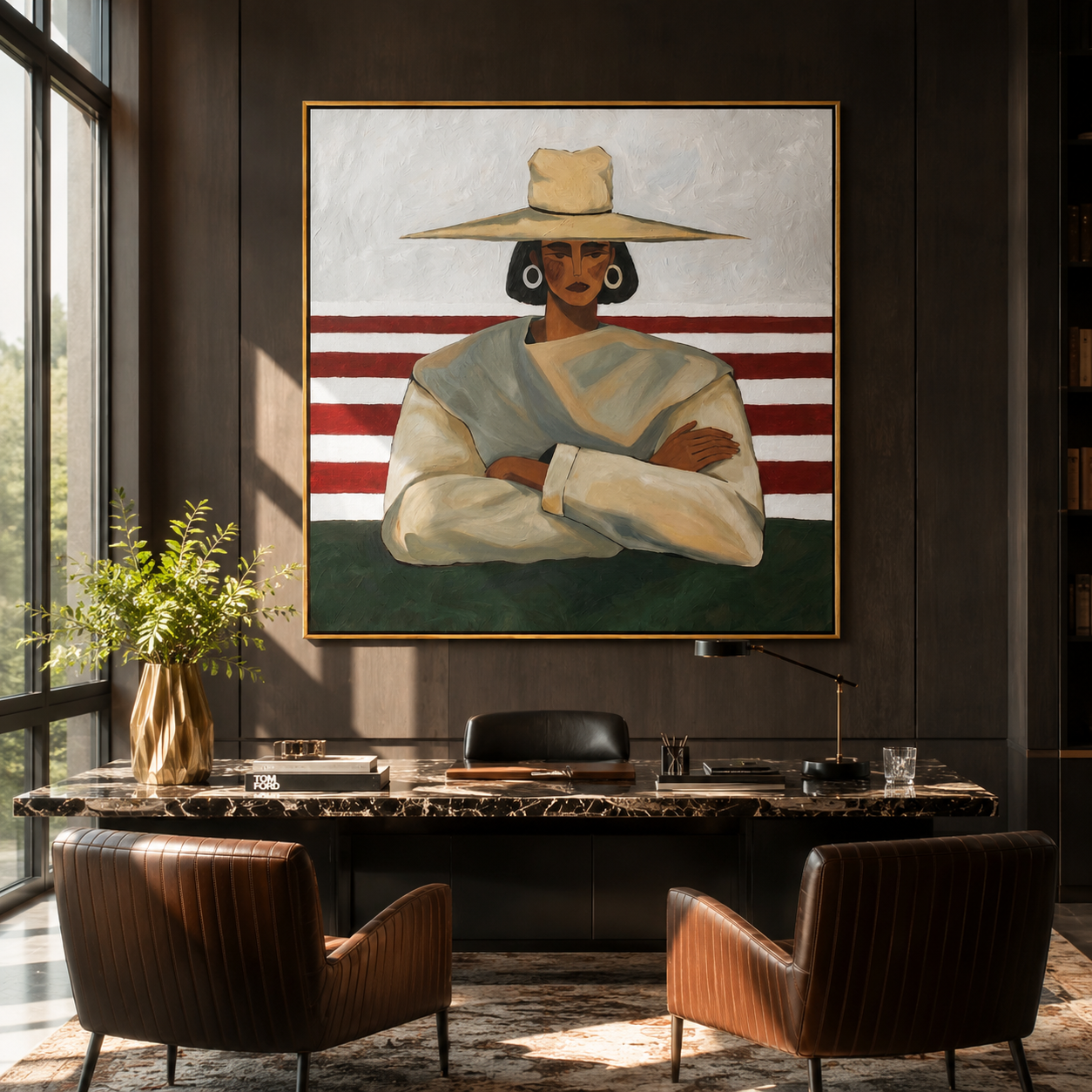 Red Stripes Meet Resolve - crossed arms hat figure by Marcus Lau, Retro Modern square wall art – styled room scene view 5