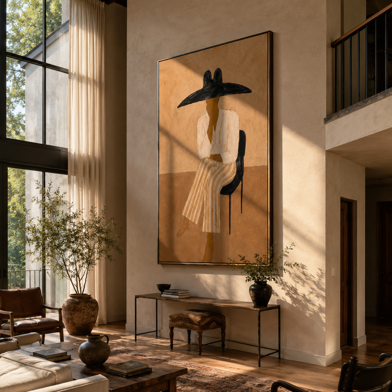 Black Brim Keeps Waiting - seated wide hat woman by Marcus Lau, Retro Modern vertical wall art – styled room scene view 1