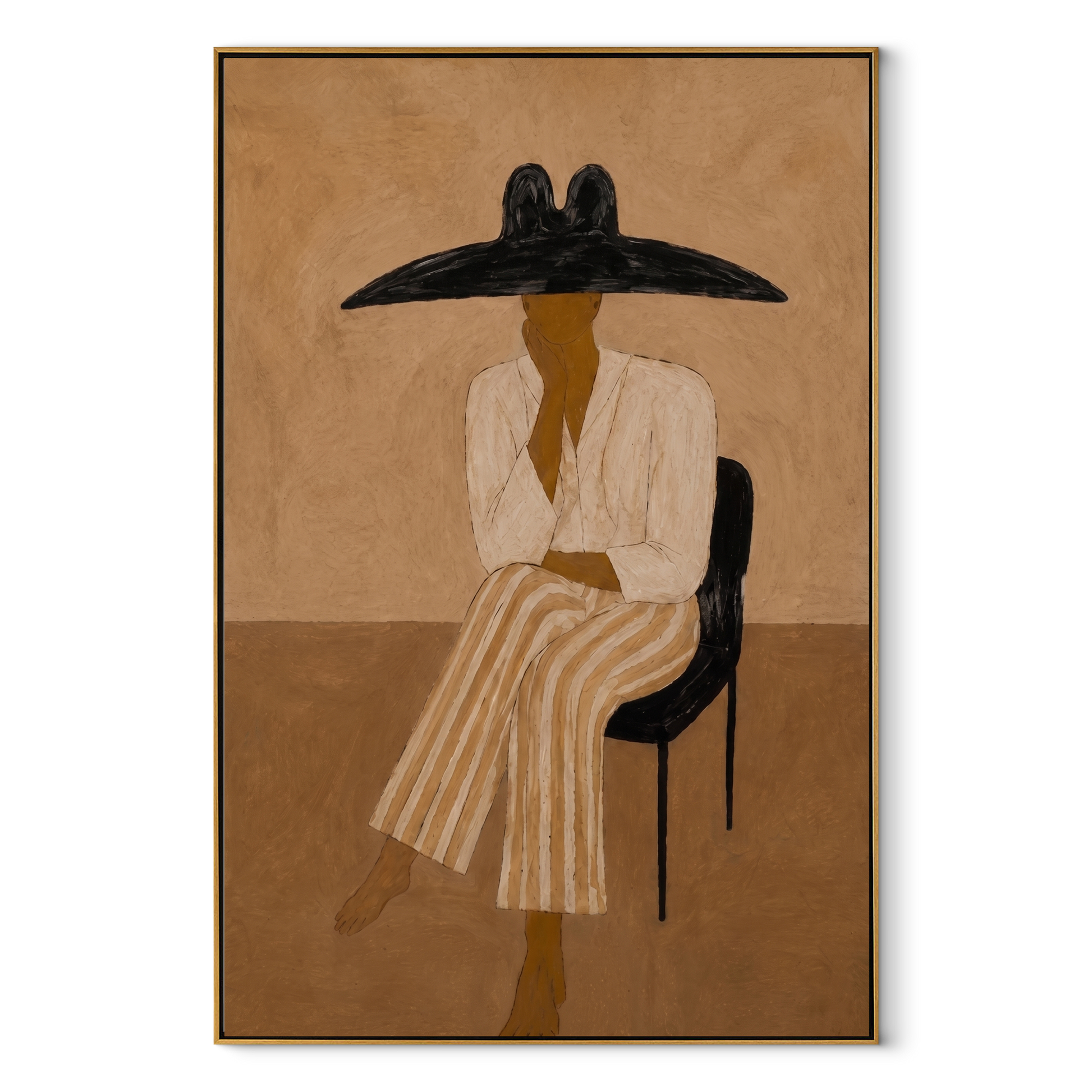 Black Brim Keeps Waiting - seated wide hat woman by Marcus Lau, Retro Modern vertical wall art – wood frame on white background