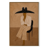 Black Brim Keeps Waiting - seated wide hat woman by Marcus Lau, Retro Modern vertical wall art – wood frame on white background