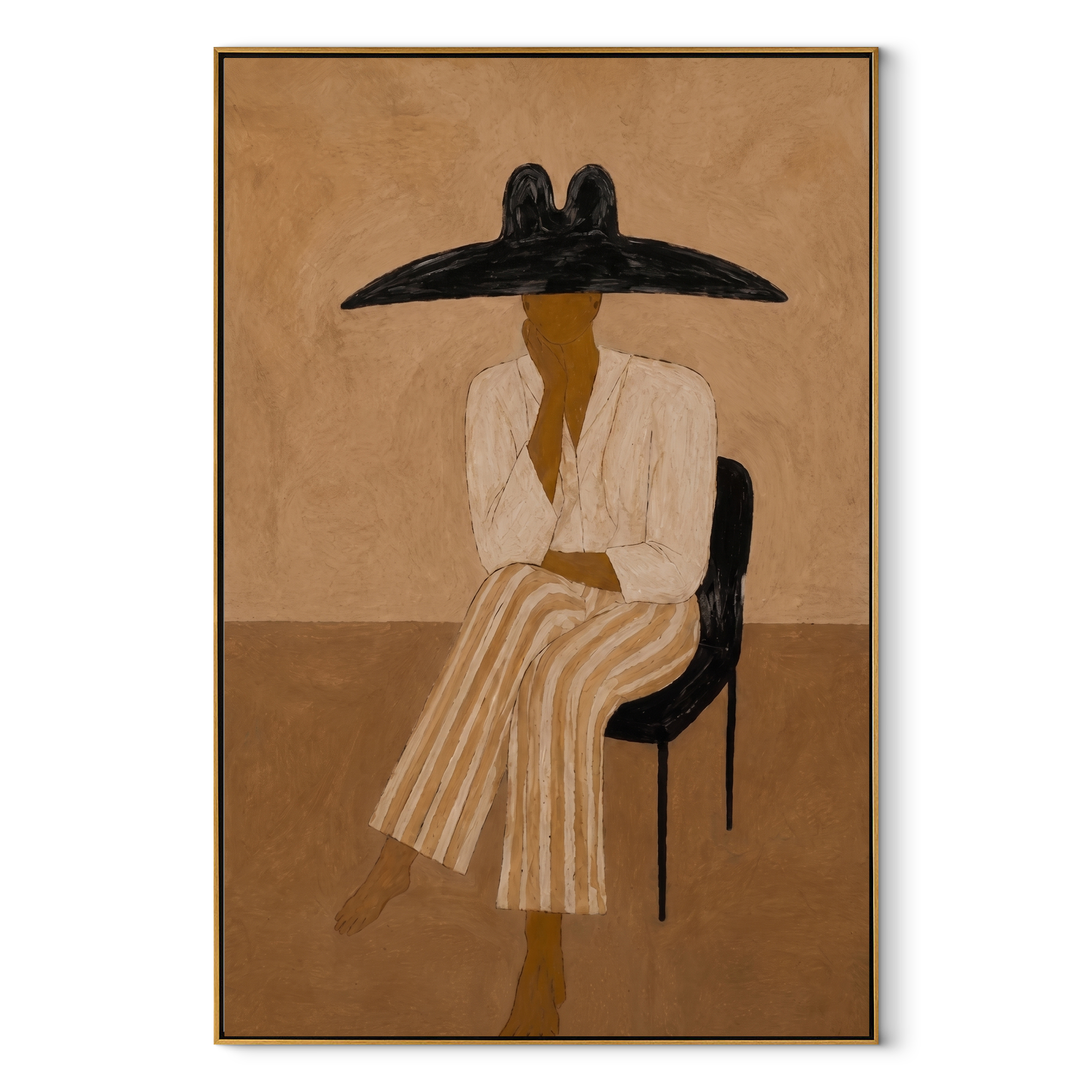 Black Brim Keeps Waiting - seated wide hat woman by Marcus Lau, Retro Modern vertical wall art – wood frame on white background