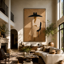 Black Brim Keeps Waiting - seated wide hat woman by Marcus Lau, Retro Modern vertical wall art – styled room scene view 2