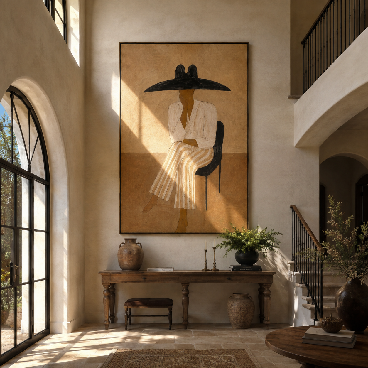 Black Brim Keeps Waiting - seated wide hat woman by Marcus Lau, Retro Modern vertical wall art – styled room scene view 3