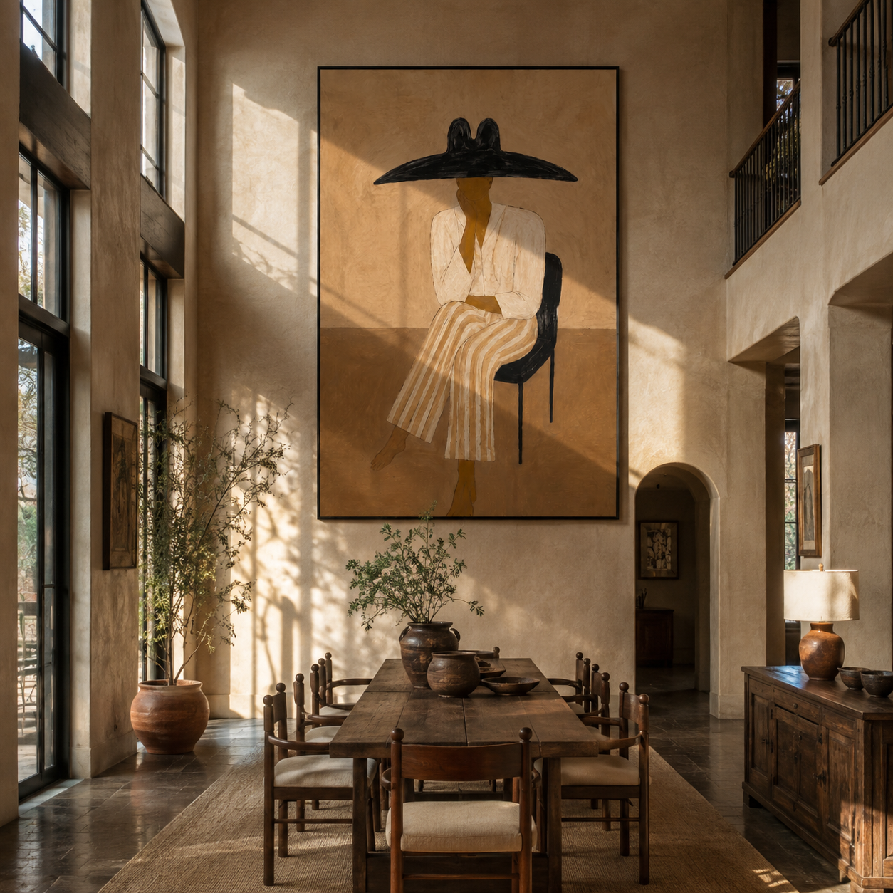 Black Brim Keeps Waiting - seated wide hat woman by Marcus Lau, Retro Modern vertical wall art – styled room scene view 4