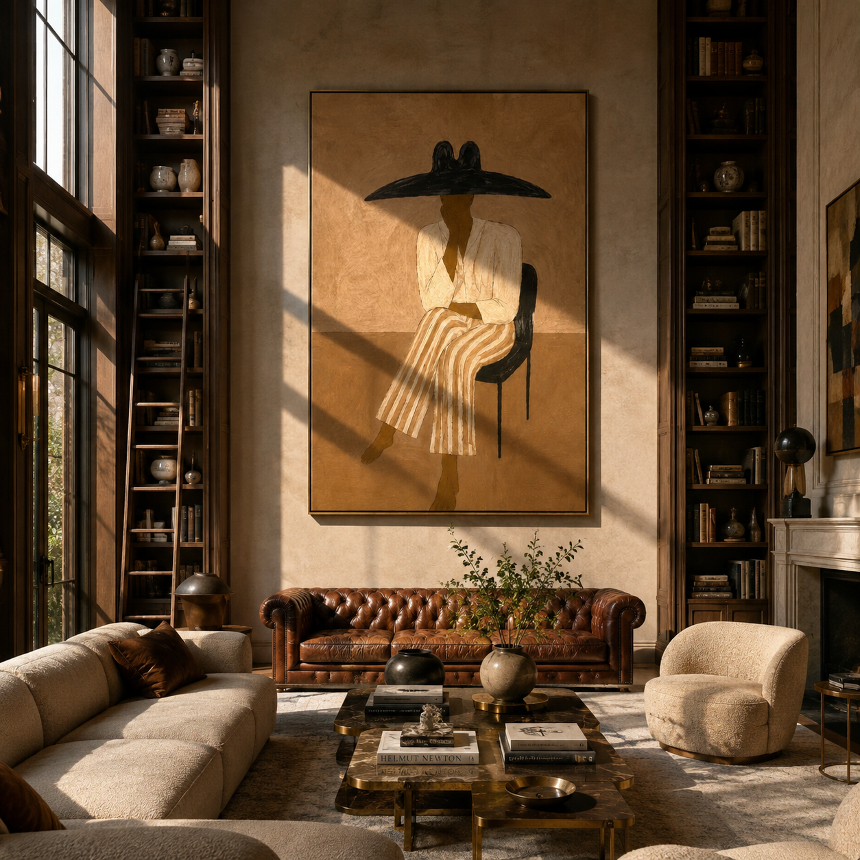 Black Brim Keeps Waiting - seated wide hat woman by Marcus Lau, Retro Modern vertical wall art – styled room scene view 5