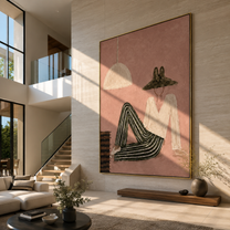 Striped Legs Outlast Noon - reclining striped woman by Marcus Lau, Retro Modern vertical wall art – styled room scene view 1