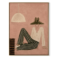 Striped Legs Outlast Noon - reclining striped woman by Marcus Lau, Retro Modern vertical wall art – wood frame on white background