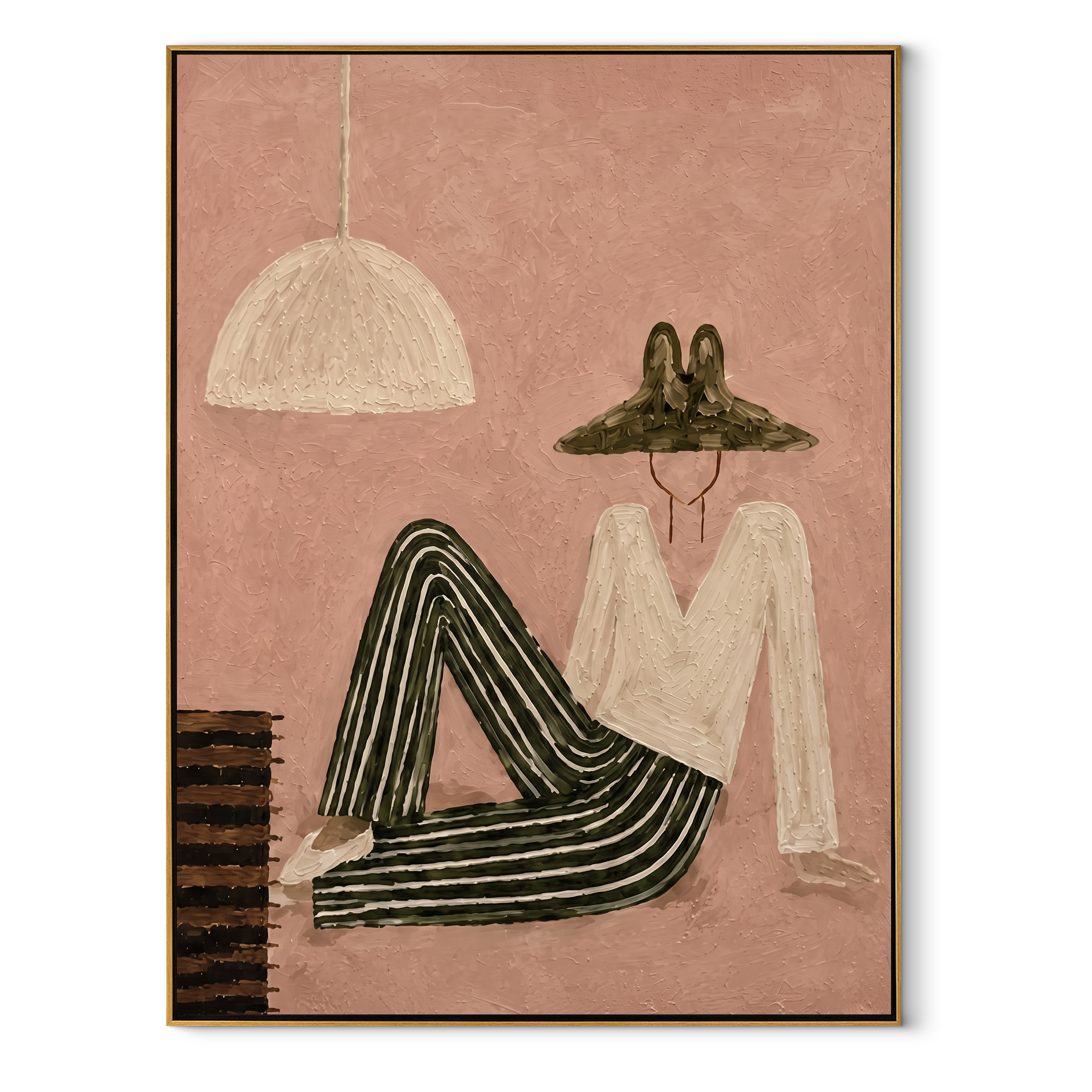 Striped Legs Outlast Noon - reclining striped woman by Marcus Lau, Retro Modern vertical wall art – wood frame on white background