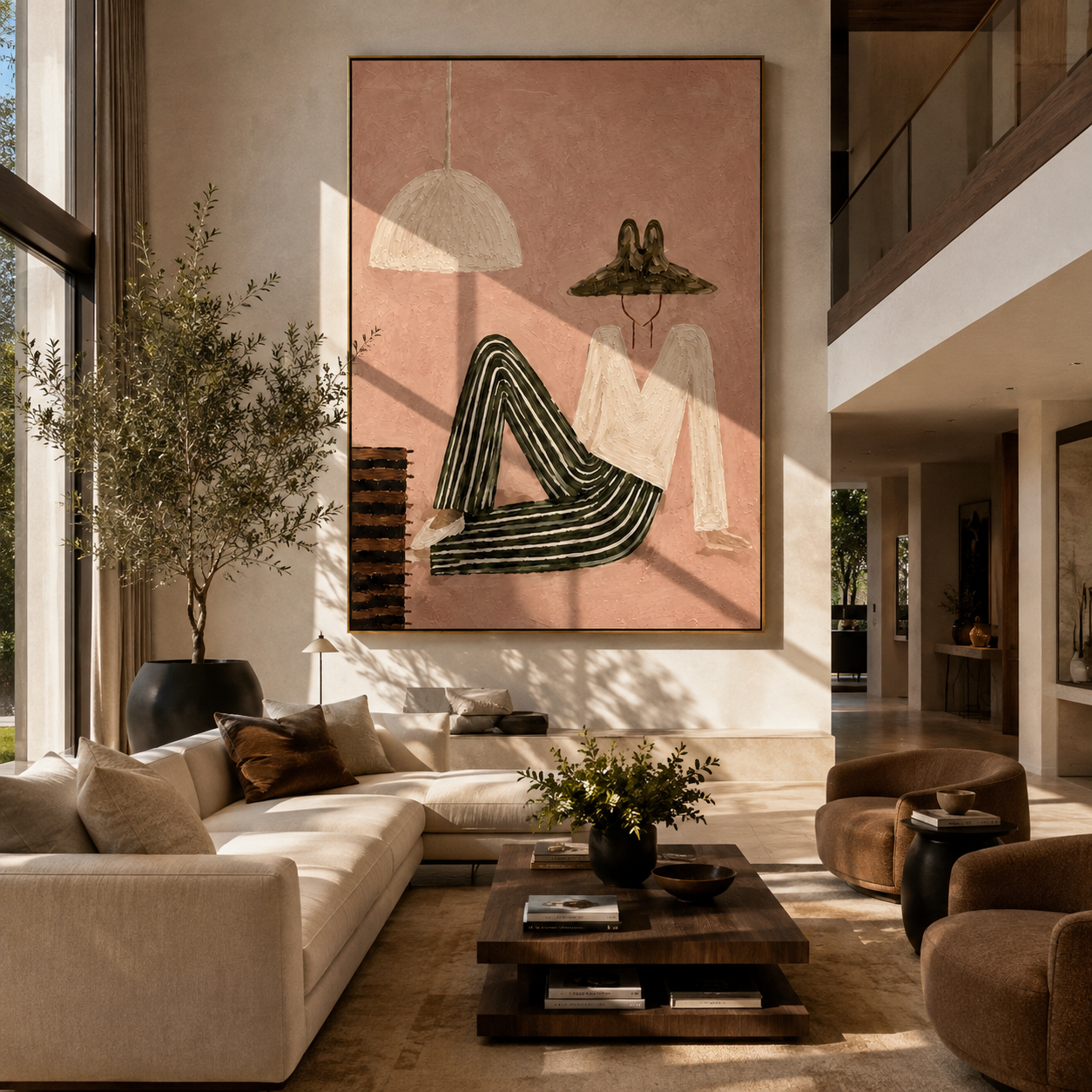 Striped Legs Outlast Noon - reclining striped woman by Marcus Lau, Retro Modern vertical wall art – styled room scene view 2