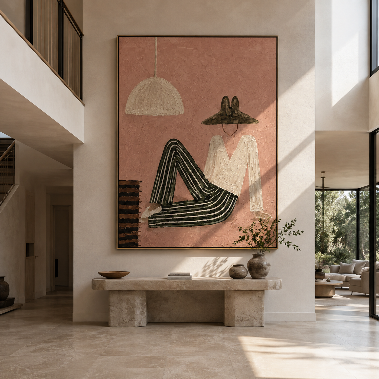 Striped Legs Outlast Noon - reclining striped woman by Marcus Lau, Retro Modern vertical wall art – styled room scene view 3