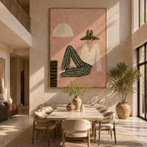 Striped Legs Outlast Noon - reclining striped woman by Marcus Lau, Retro Modern vertical wall art – styled room scene view 4