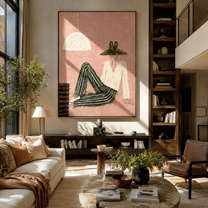 Striped Legs Outlast Noon - reclining striped woman by Marcus Lau, Retro Modern vertical wall art – styled room scene view 5