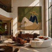 Navy Jacket Meets Sand - reclining navy suit figure by Marcus Lau, Retro Modern square wall art – styled room scene view 1