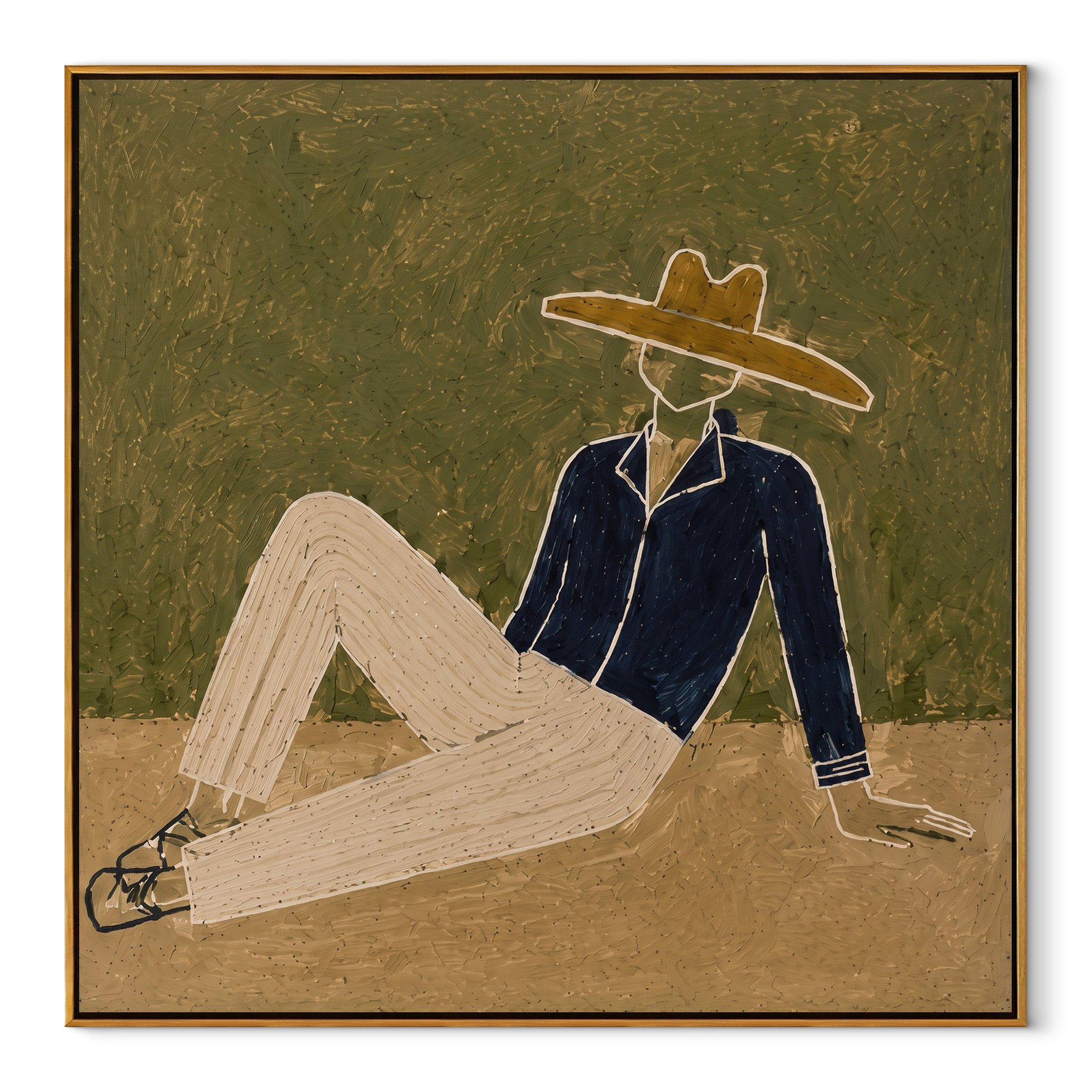 Navy Jacket Meets Sand - reclining navy suit figure by Marcus Lau, Retro Modern square wall art – wood frame on white background