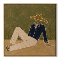 Navy Jacket Meets Sand - reclining navy suit figure by Marcus Lau, Retro Modern square wall art – wood frame on white background