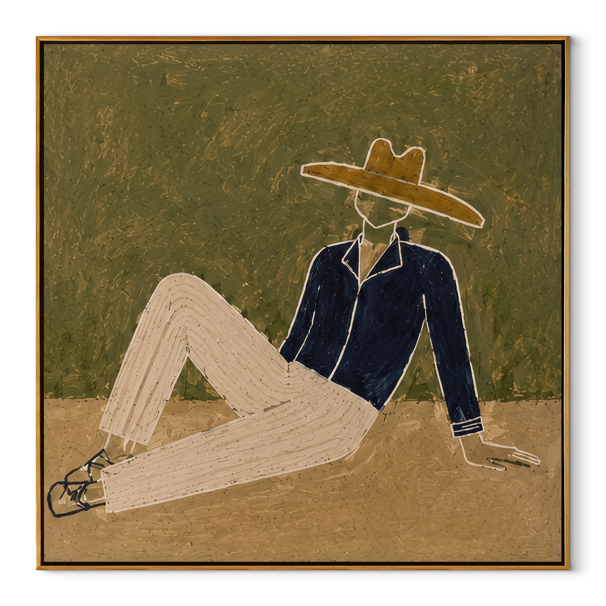 Navy Jacket Meets Sand - reclining navy suit figure by Marcus Lau, Retro Modern square wall art – wood frame on white background