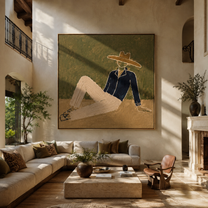 Navy Jacket Meets Sand - reclining navy suit figure by Marcus Lau, Retro Modern square wall art – styled room scene view 2