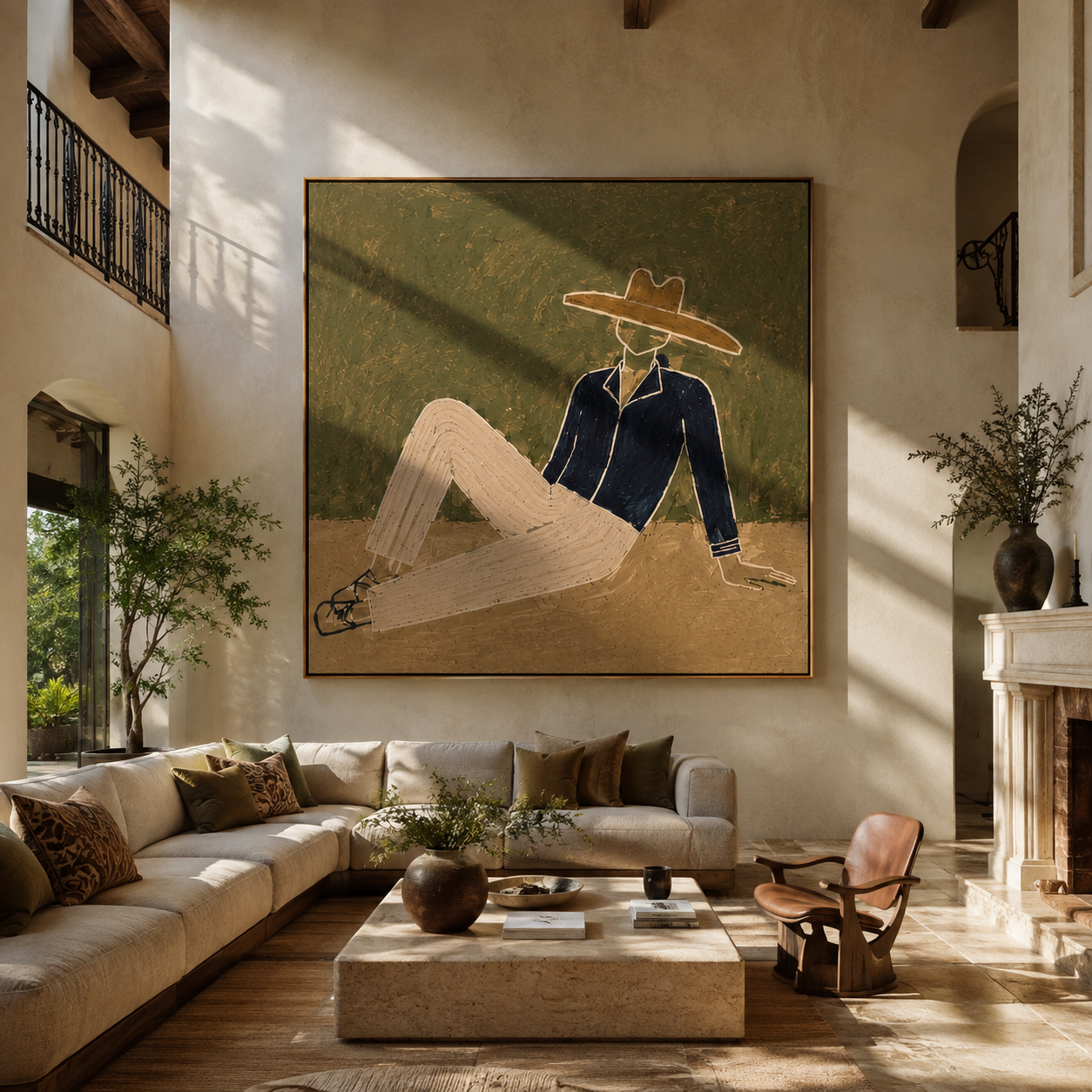 Navy Jacket Meets Sand - reclining navy suit figure by Marcus Lau, Retro Modern square wall art – styled room scene view 2