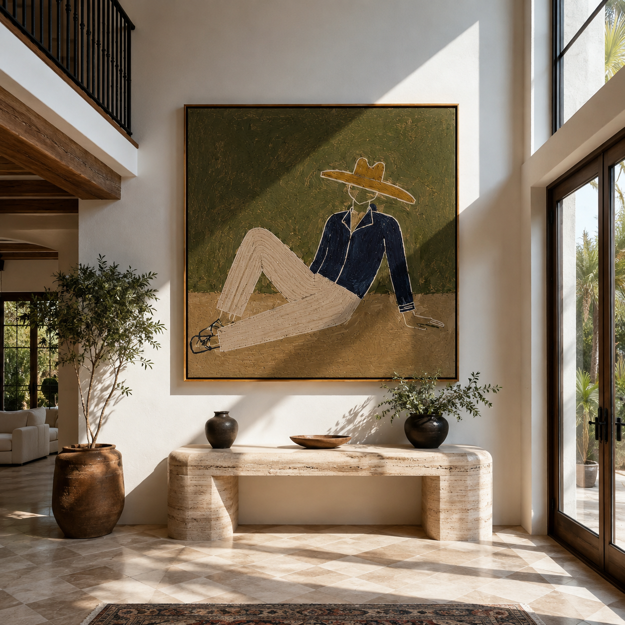 Navy Jacket Meets Sand - reclining navy suit figure by Marcus Lau, Retro Modern square wall art – styled room scene view 3