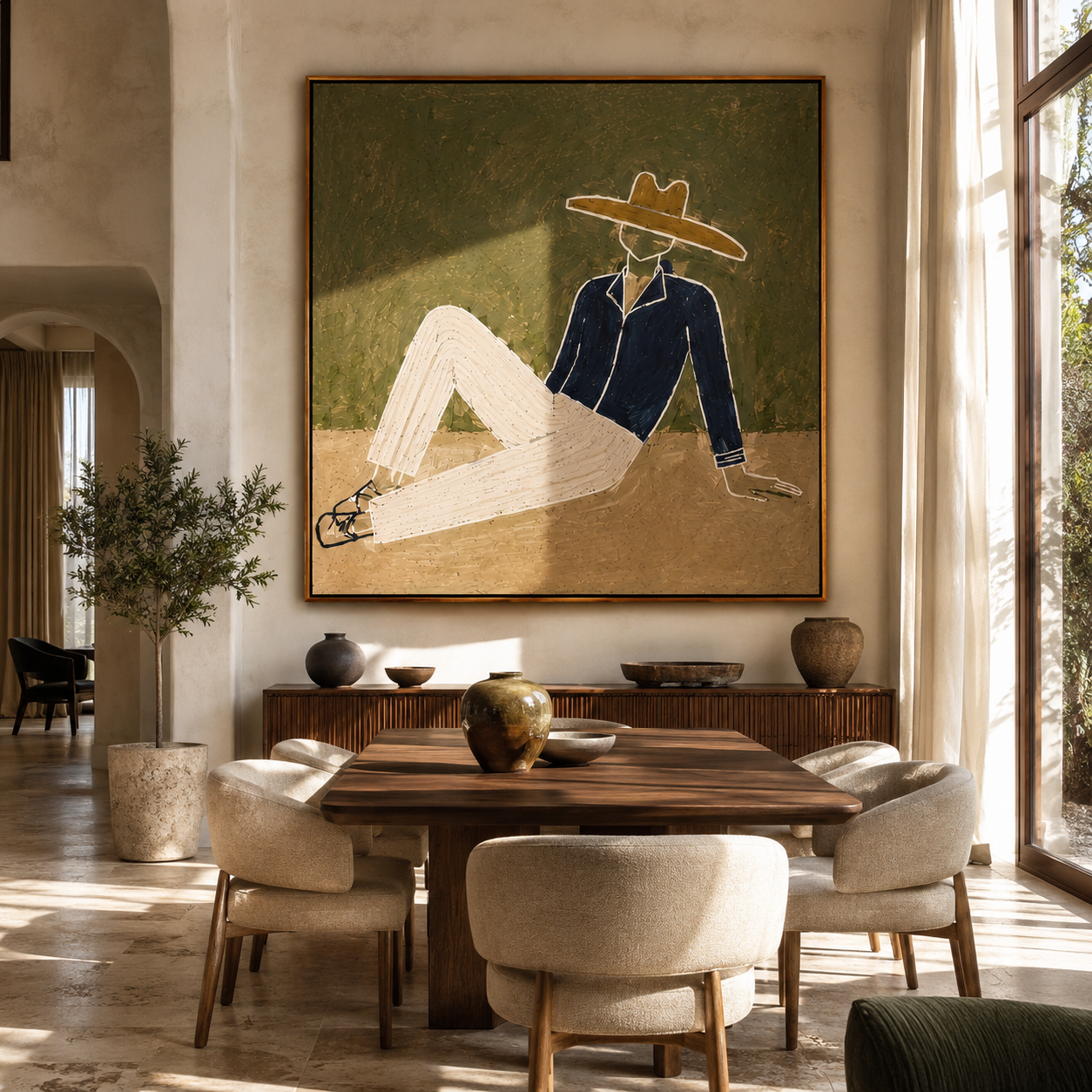 Navy Jacket Meets Sand - reclining navy suit figure by Marcus Lau, Retro Modern square wall art – styled room scene view 4