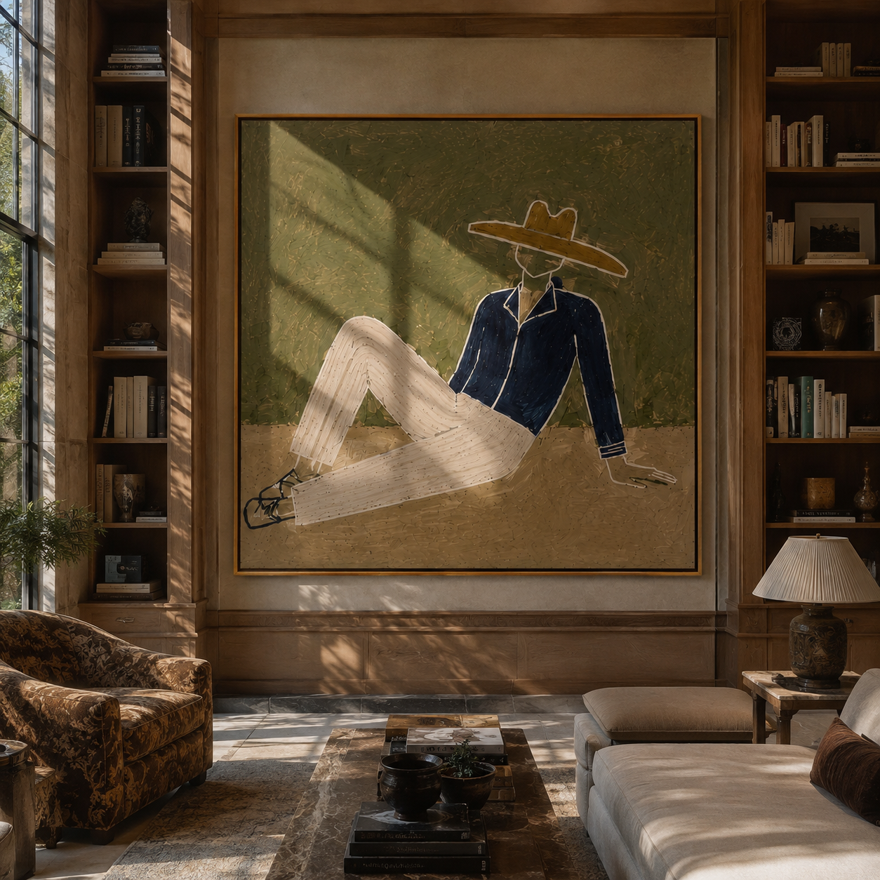 Navy Jacket Meets Sand - reclining navy suit figure by Marcus Lau, Retro Modern square wall art – styled room scene view 5