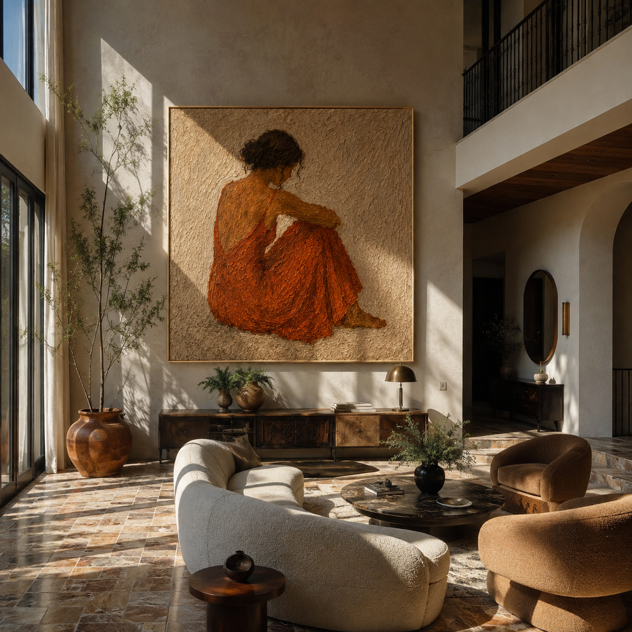 Rust Dress Gathers Quiet - seated rust dress woman by Marcus Lau, Retro Modern square wall art – styled room scene view 1