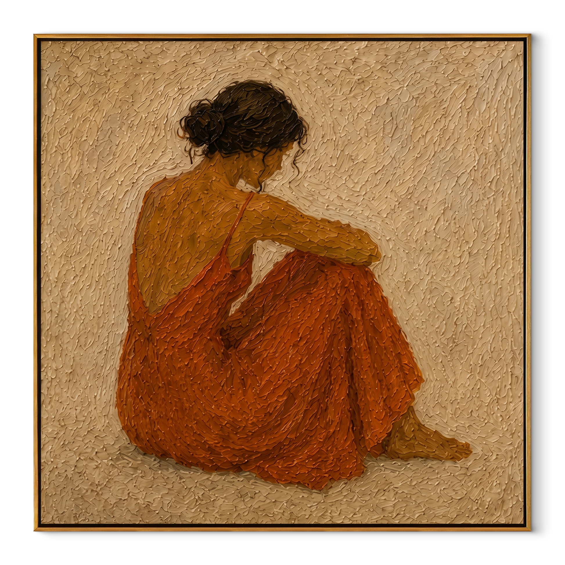 Rust Dress Gathers Quiet - seated rust dress woman by Marcus Lau, Retro Modern square wall art – wood frame on white background