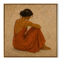 Rust Dress Gathers Quiet - seated rust dress woman by Marcus Lau, Retro Modern square wall art – wood frame on white background