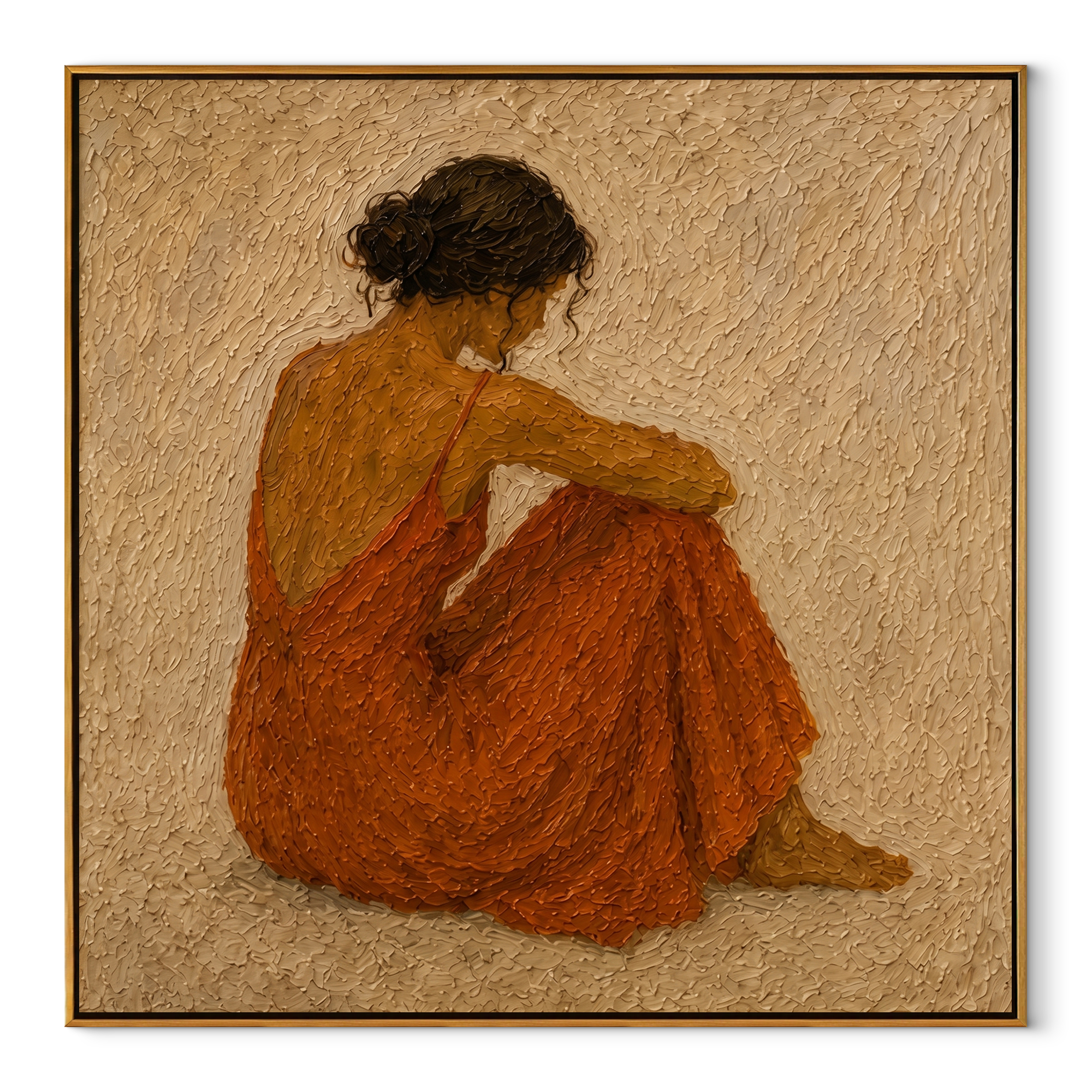 Rust Dress Gathers Quiet - seated rust dress woman by Marcus Lau, Retro Modern square wall art – wood frame on white background
