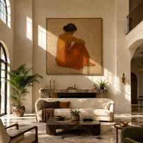 Rust Dress Gathers Quiet - seated rust dress woman by Marcus Lau, Retro Modern square wall art – styled room scene view 2