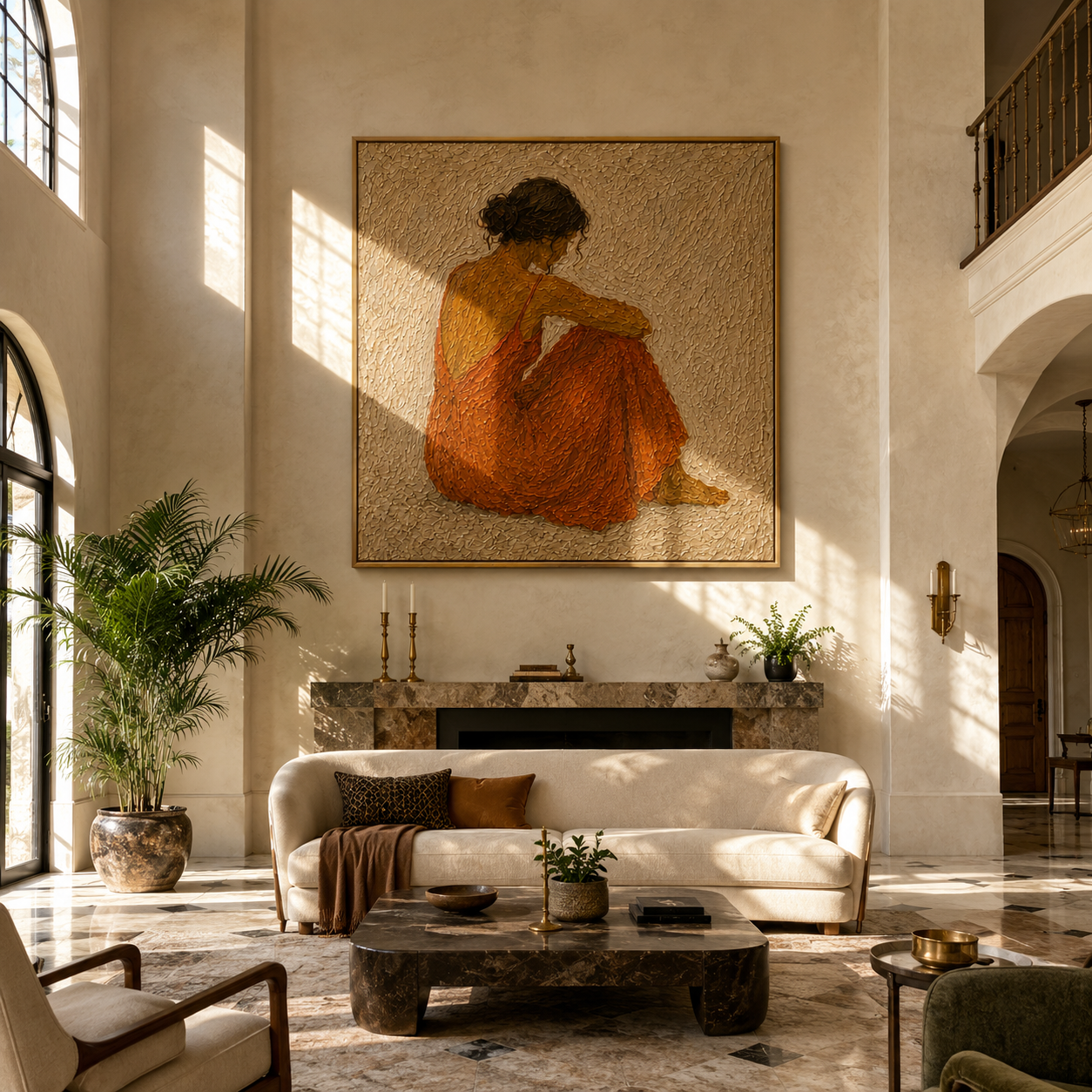 Rust Dress Gathers Quiet - seated rust dress woman by Marcus Lau, Retro Modern square wall art – styled room scene view 2