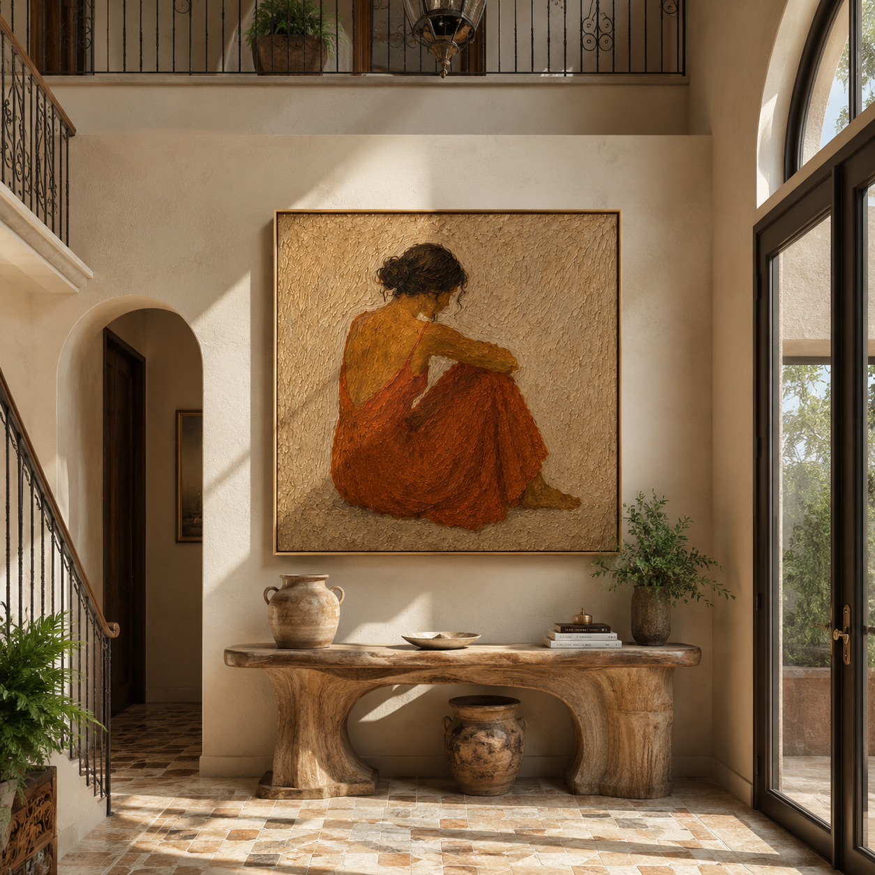 Rust Dress Gathers Quiet - seated rust dress woman by Marcus Lau, Retro Modern square wall art – styled room scene view 3