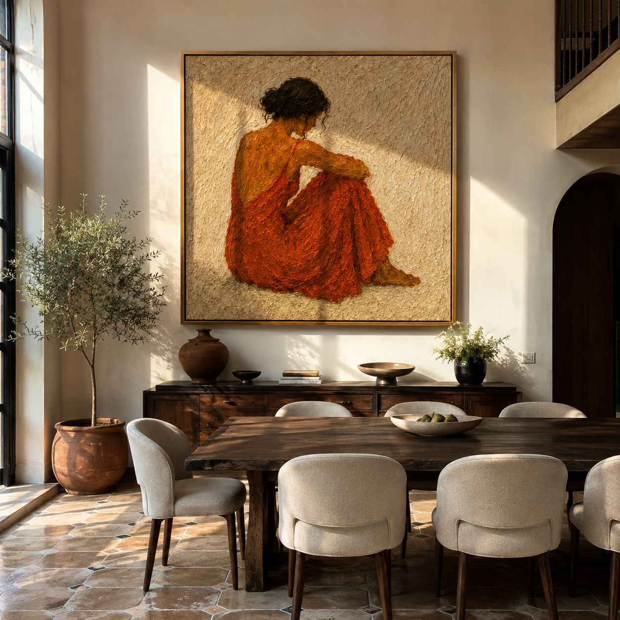 Rust Dress Gathers Quiet - seated rust dress woman by Marcus Lau, Retro Modern square wall art – styled room scene view 4