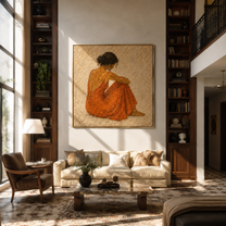 Rust Dress Gathers Quiet - seated rust dress woman by Marcus Lau, Retro Modern square wall art – styled room scene view 5