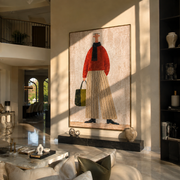 Red Sweater Walks Upright - woman carrying handbag by Marcus Lau, Retro Modern vertical wall art – styled room scene view 1