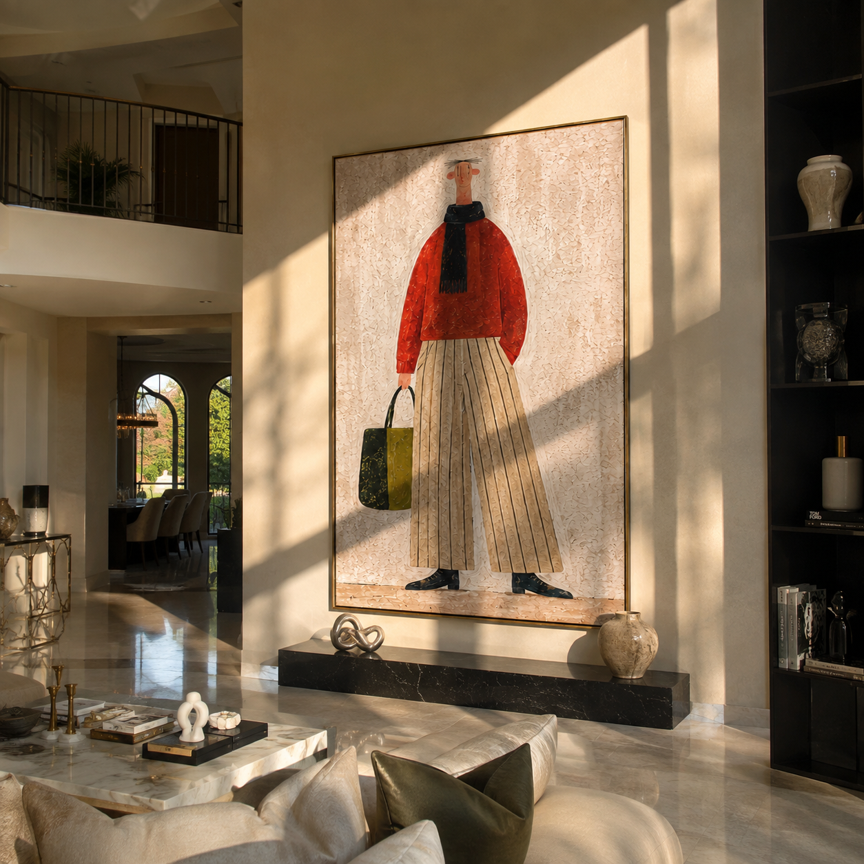 Red Sweater Walks Upright - woman carrying handbag by Marcus Lau, Retro Modern vertical wall art – styled room scene view 1
