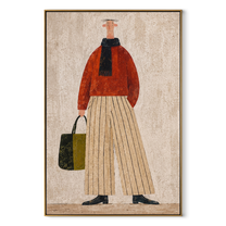 Red Sweater Walks Upright - woman carrying handbag by Marcus Lau, Retro Modern vertical wall art – wood frame on white background