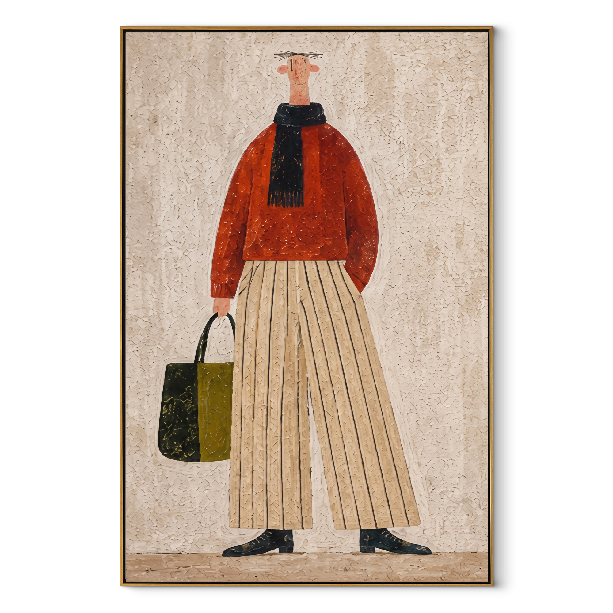 Red Sweater Walks Upright - woman carrying handbag by Marcus Lau, Retro Modern vertical wall art – wood frame on white background