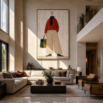 Red Sweater Walks Upright - woman carrying handbag by Marcus Lau, Retro Modern vertical wall art – styled room scene view 2