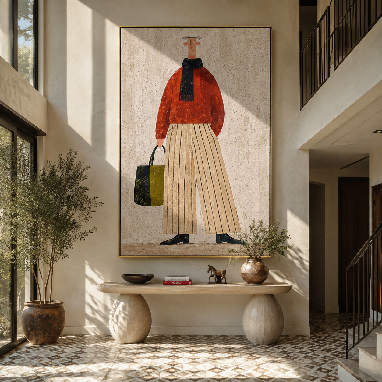 Red Sweater Walks Upright - woman carrying handbag by Marcus Lau, Retro Modern vertical wall art – styled room scene view 3