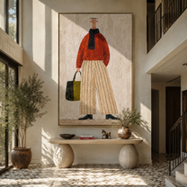 Red Sweater Walks Upright - woman carrying handbag by Marcus Lau, Retro Modern vertical wall art – styled room scene view 3