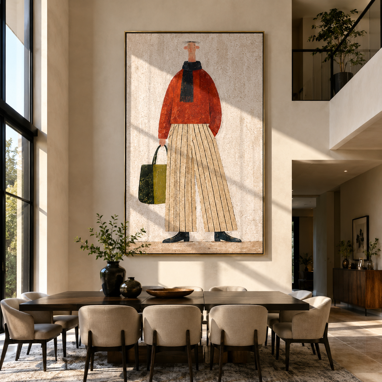 Red Sweater Walks Upright - woman carrying handbag by Marcus Lau, Retro Modern vertical wall art – styled room scene view 4