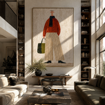 Red Sweater Walks Upright - woman carrying handbag by Marcus Lau, Retro Modern vertical wall art – styled room scene view 5