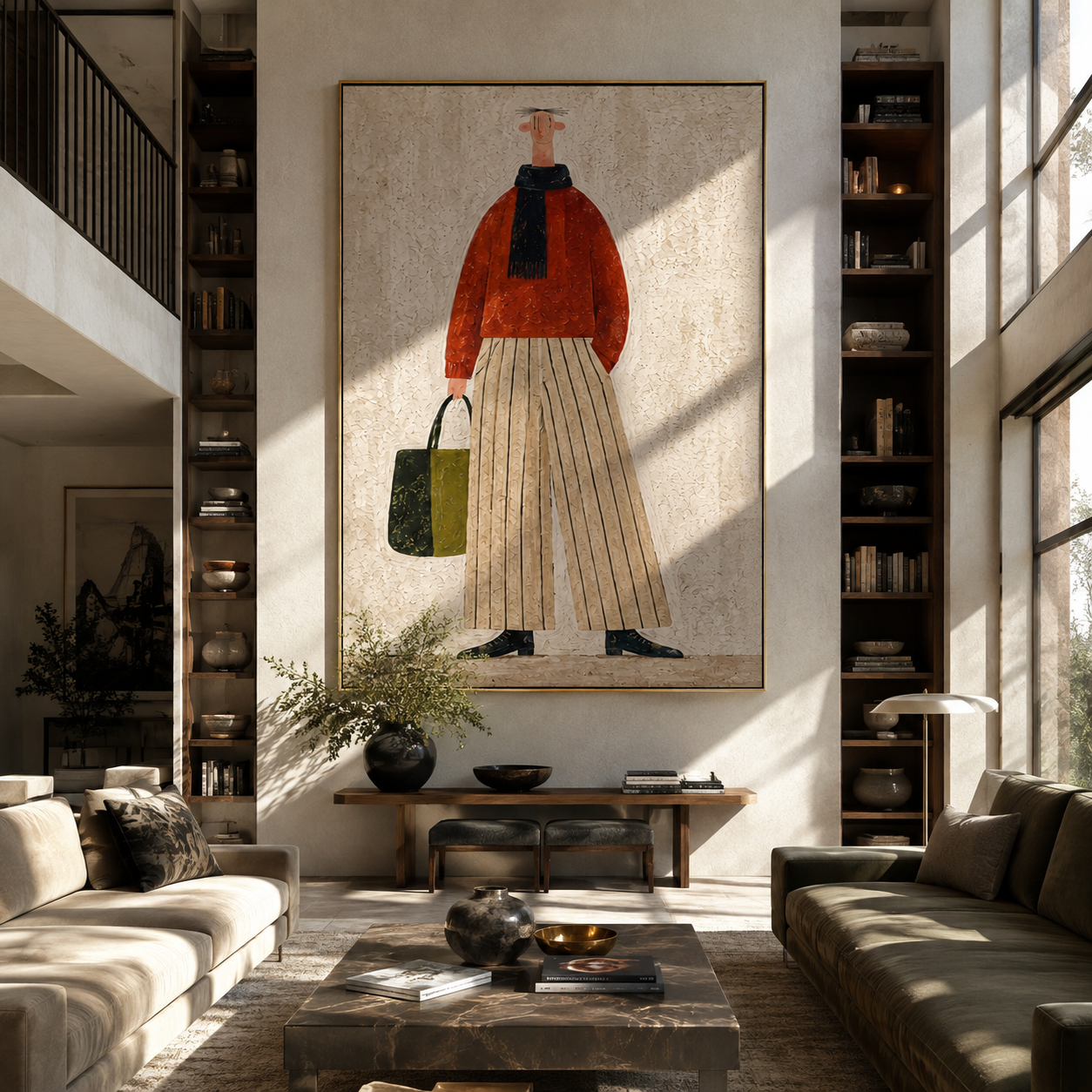 Red Sweater Walks Upright - woman carrying handbag by Marcus Lau, Retro Modern vertical wall art – styled room scene view 5