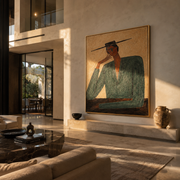 Green Shoulders Frame Thought - green suit seated figure by Marcus Lau, Retro Modern square wall art – styled room scene view 1