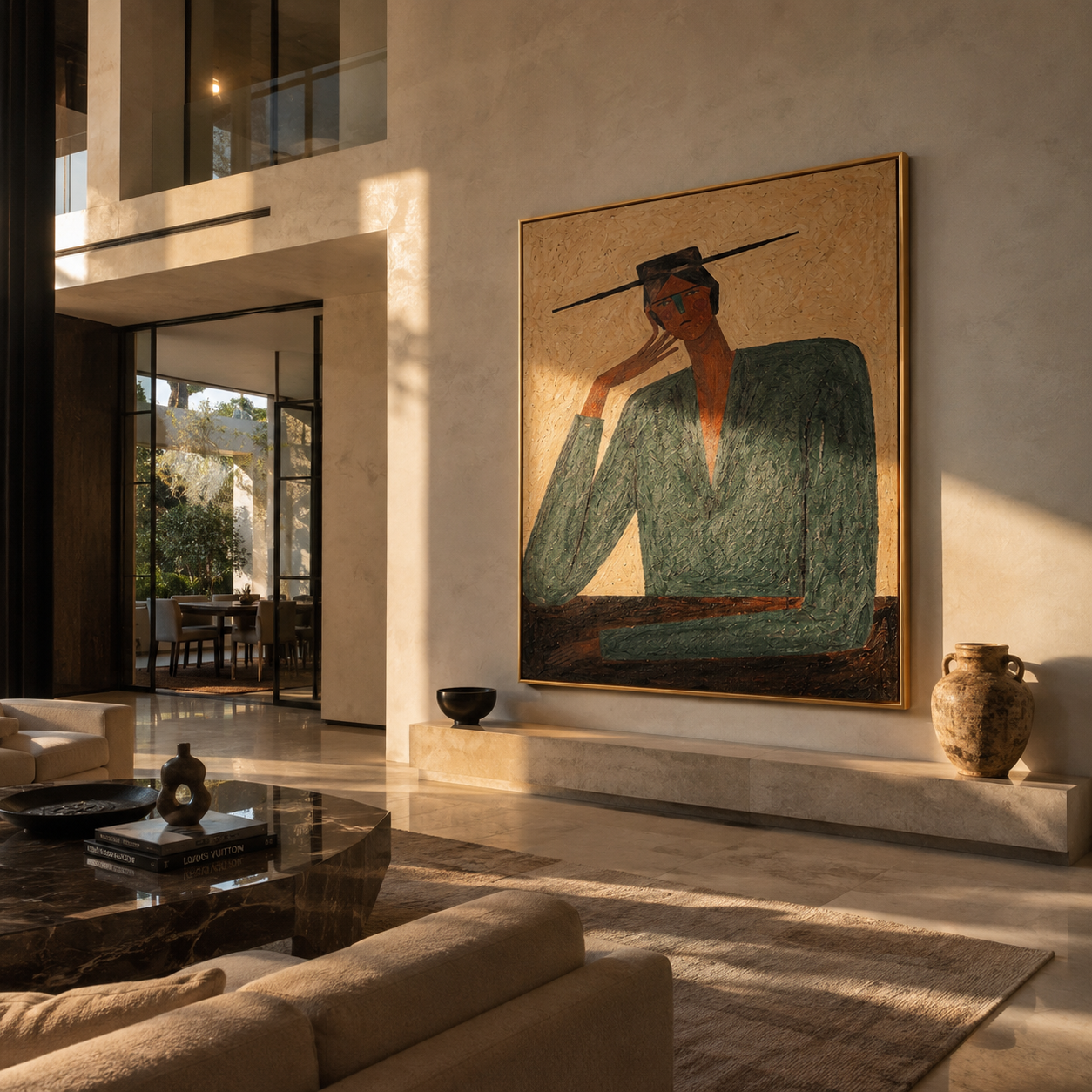 Green Shoulders Frame Thought - green suit seated figure by Marcus Lau, Retro Modern square wall art – styled room scene view 1