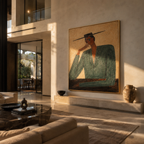 Green Shoulders Frame Thought - green suit seated figure by Marcus Lau, Retro Modern square wall art – styled room scene view 1