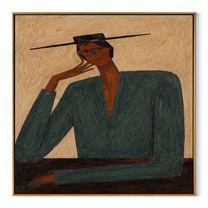 Green Shoulders Frame Thought - green suit seated figure by Marcus Lau, Retro Modern square wall art – wood frame on white background