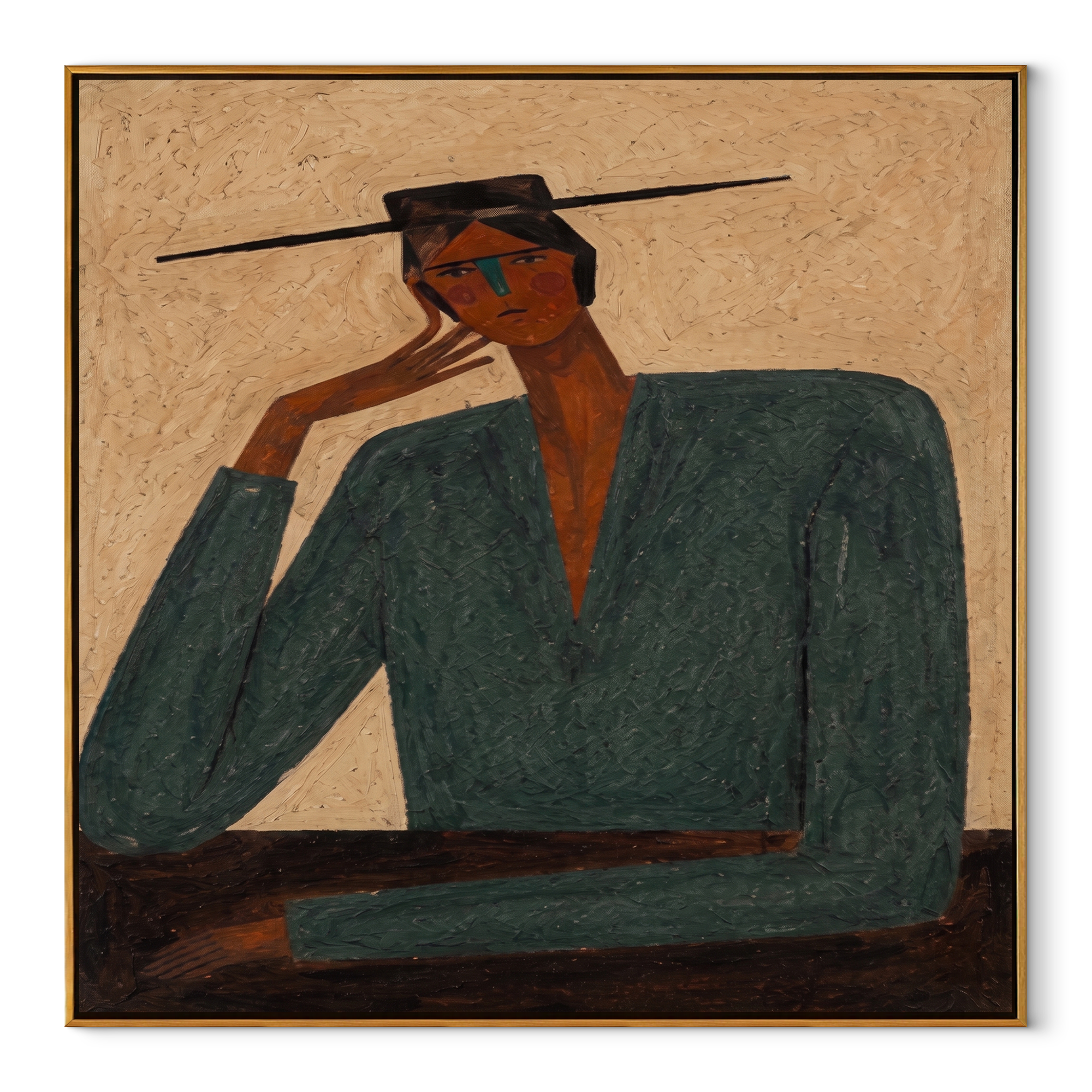 Green Shoulders Frame Thought - green suit seated figure by Marcus Lau, Retro Modern square wall art – wood frame on white background